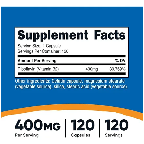 Vitamina B2 Riboflavina 400mg Con 120 Capsulas Nutricost Sabor Sin Sabor 2