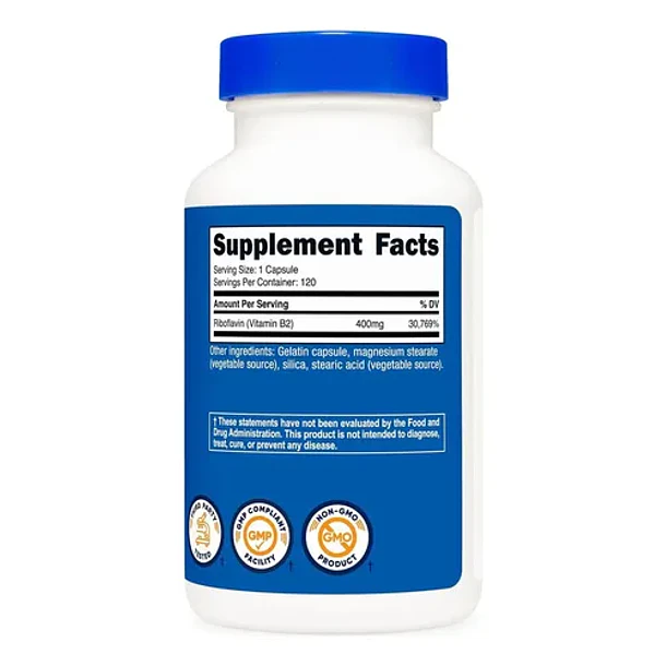 Vitamina B2 Riboflavina 400mg Con 120 Capsulas Nutricost Sabor Sin Sabor 3