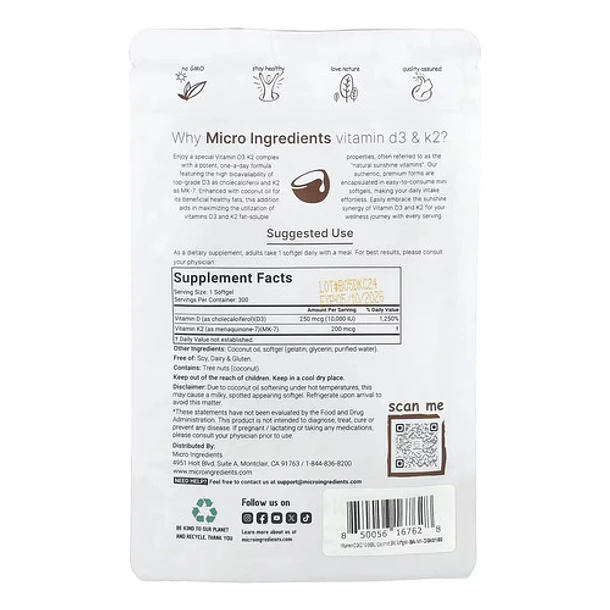 Micro Ingredients - Vitamina D3 & K2 300 Cápsulas N/a 2