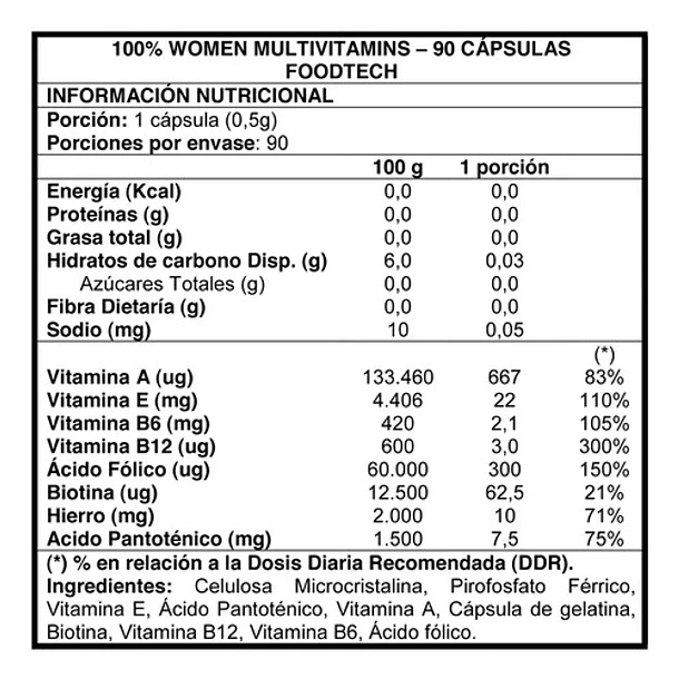 Foodtech - 100% Women Multivitamins 90caps Sin Sabor 3
