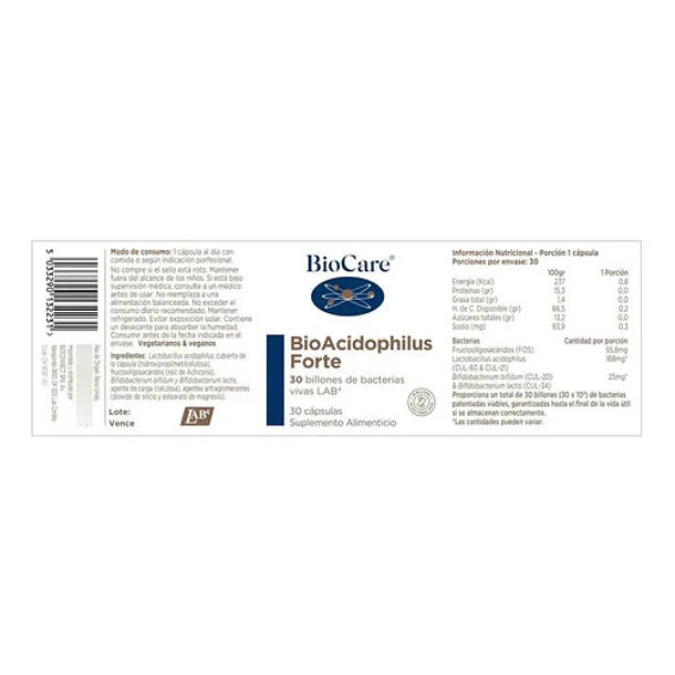 Biocare - Bioacidophilus Forte - 30 Billones, 30 Cápsulas Sin Sabor 2