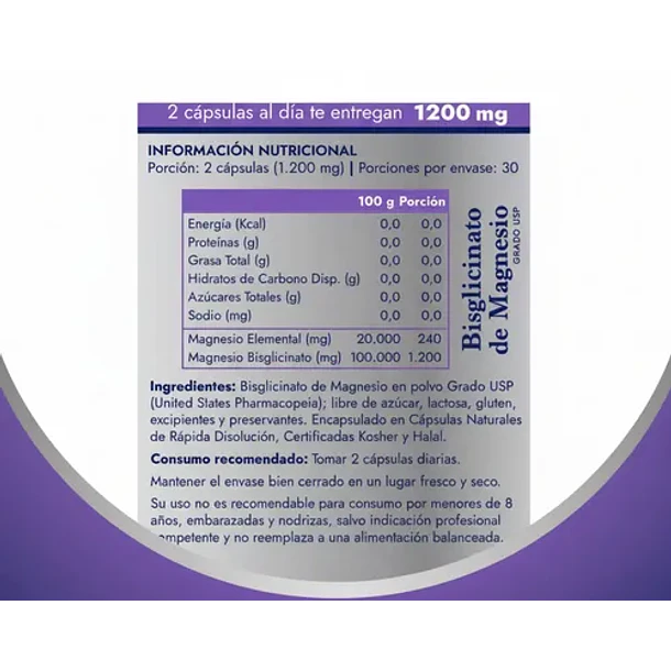 Bisglicinato De Magnesio Grado Usp 1200 Mg Vital & Young 60 Cápsulas 4