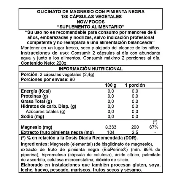 Now - Glicinato De Magnesio Con Bioperine 180 Cápsulas N/a 2