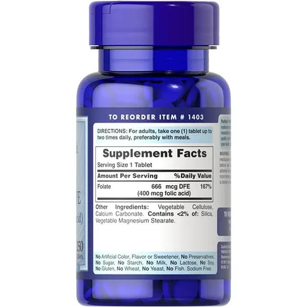 Puritans Pride- Folato Acido Folico 400mcg 250 Tabletas Ninguno 3