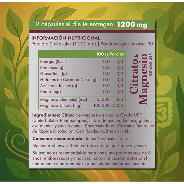 Citrato De Magnesio Grado Usp 1200 Mg Vital & Young Sin Sabor 4