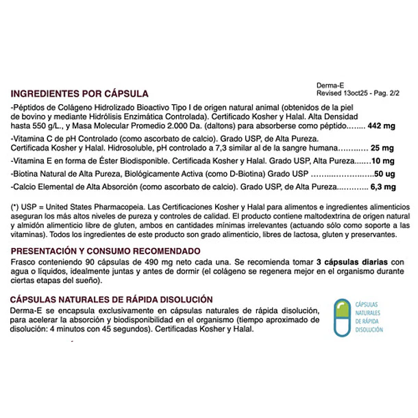 Derma-e Colágeno Hidrolizado, Biotina Activa, Vitamina E, Vitamina C. Vital & Young Belleza Y Piel. Cápsulas. Sin Sabor 4