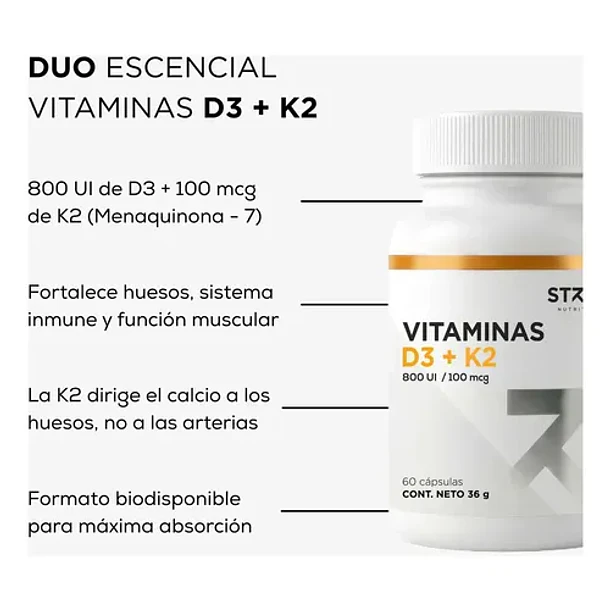 Strive- Vitamina D3 + K2 60capsulas Sin Sabor 2