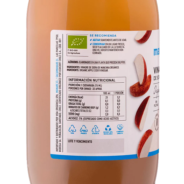 Manare- Vinagre De Manzana Organico 500 Ml 2