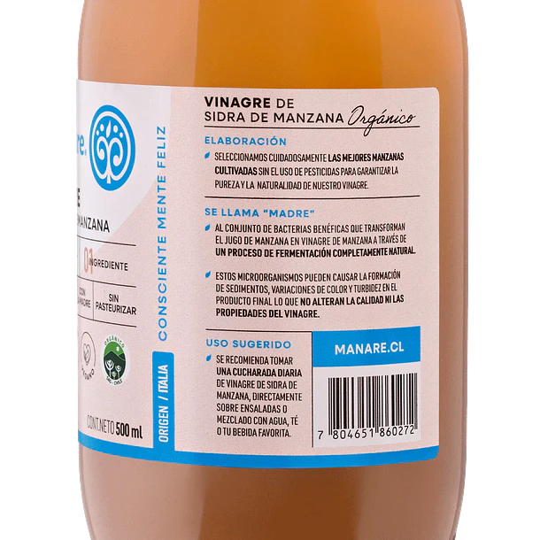 Manare- Vinagre De Manzana Organico 500 Ml 3