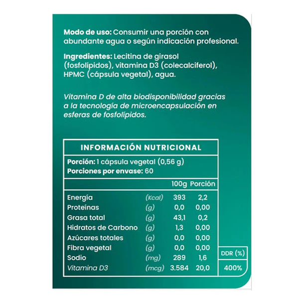 Vitamina D3 Liposomal 800ui 60 Capsulas Vegana Biodisponibilidad Ortomolecular Sin Sabor 4