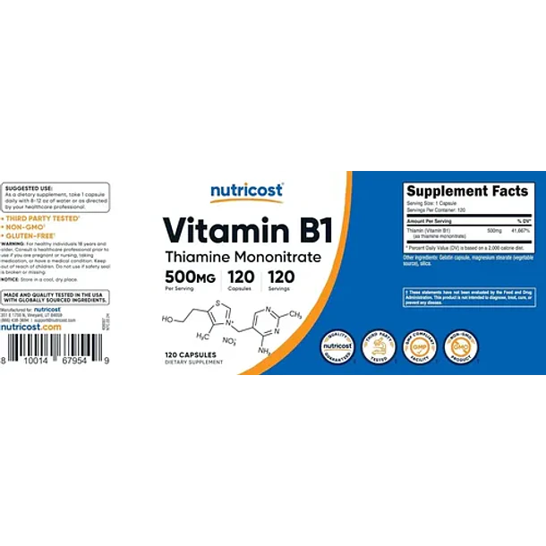Nutricost - Vitamina B1 Tiamina 500mg 120 Caps N/a 5
