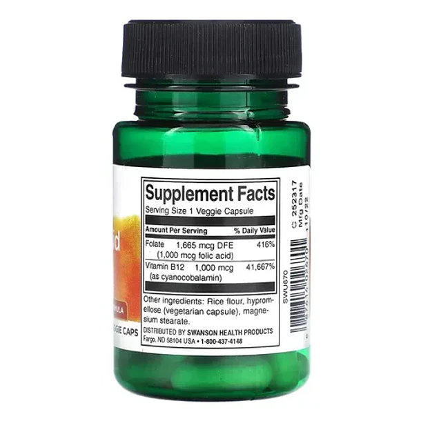 Swanson- Ácido Fólico Y Vitamina B12 30capsulas Sin Sabor 2
