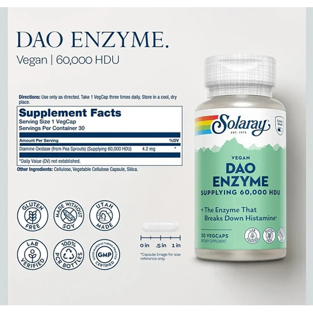 Solaray- Dao Enzime Vegan Suppling 60.000 Hdu 30 Capsulas Sin Sabor 3