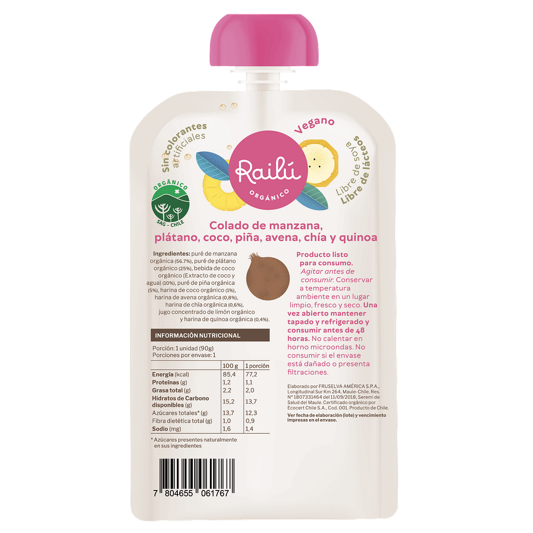 Railú - Puré de manzana, plátano, coco, piña, avena, chía y quinoa 90 g 2