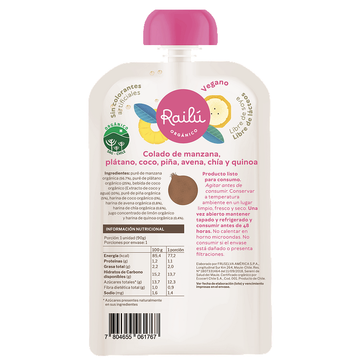 Railú - Puré de manzana, plátano, coco, piña, avena, chía y quinoa 90 g 2