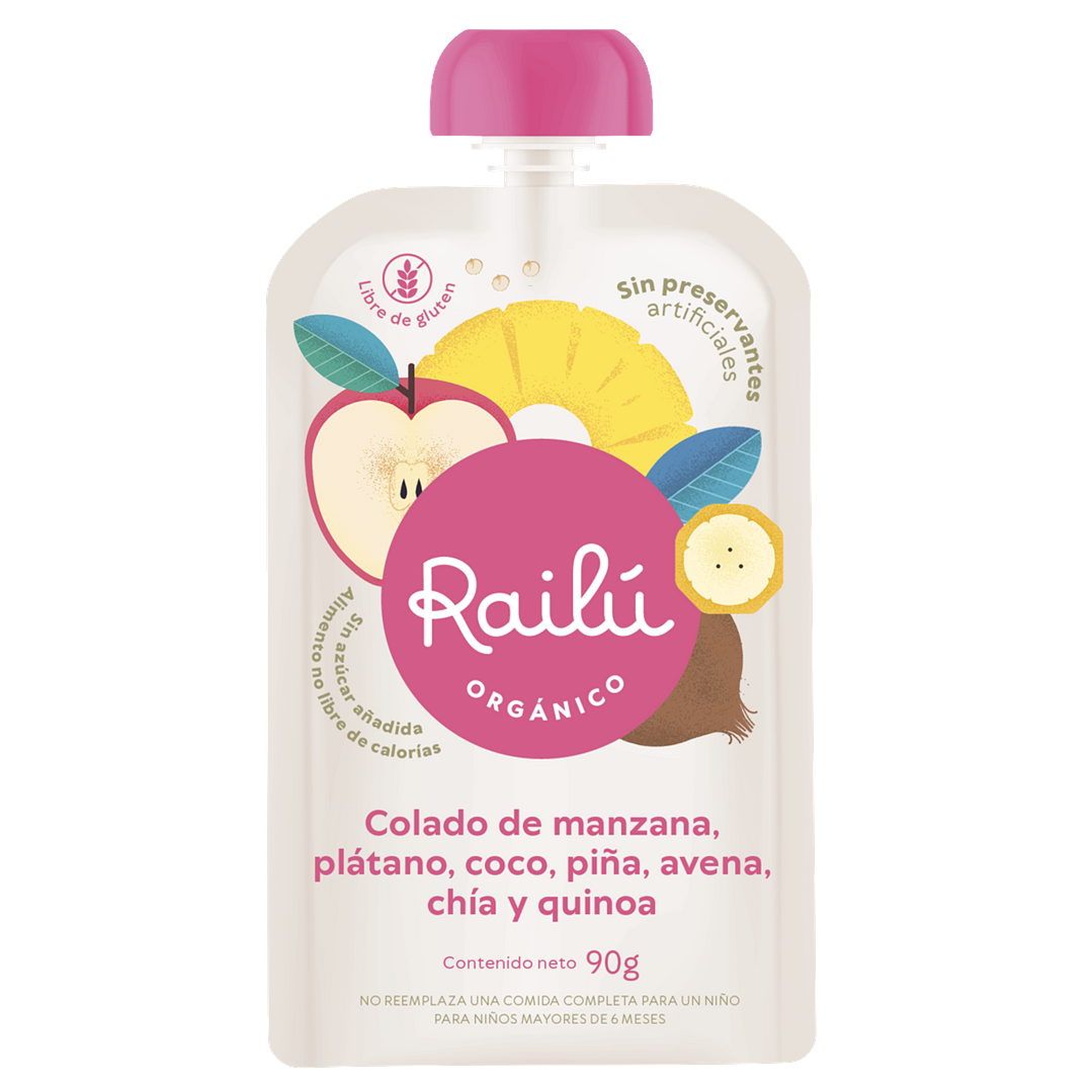 Railú - Puré de manzana, plátano, coco, piña, avena, chía y quinoa 90 g 1