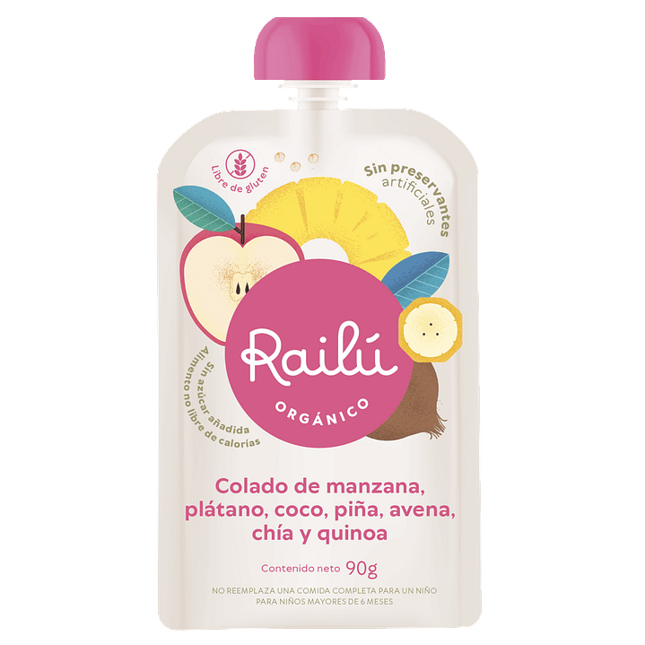 Railú - Puré de manzana, plátano, coco, piña, avena, chía y quinoa 90 g 1