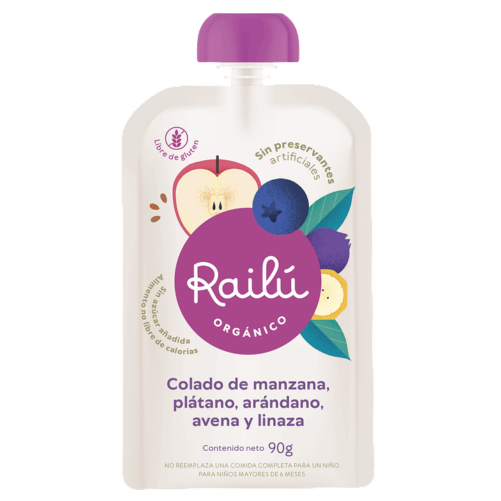 Railú - Puré de manzana, plátano, arándano, avena y linaza 90 g 1