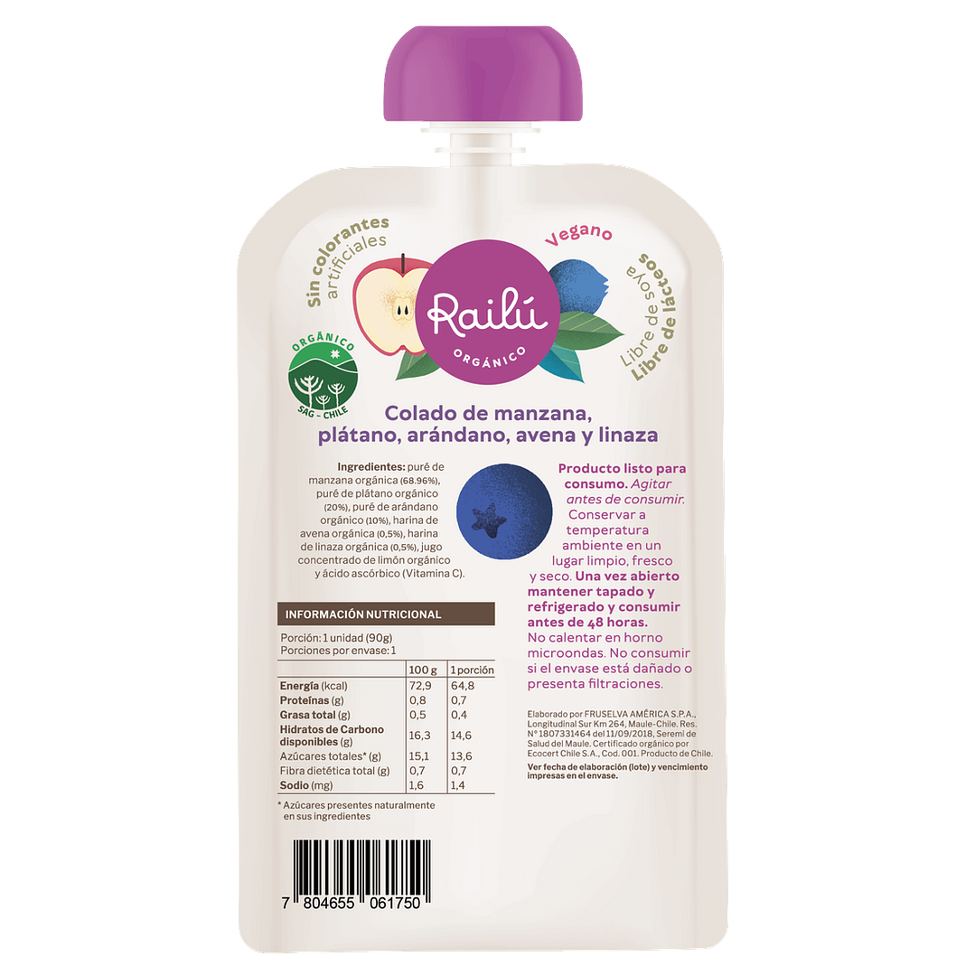 Railú - Puré de manzana, plátano, arándano, avena y linaza 90 g 2