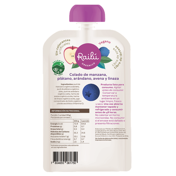 Railú - Puré de manzana, plátano, arándano, avena y linaza 90 g 2