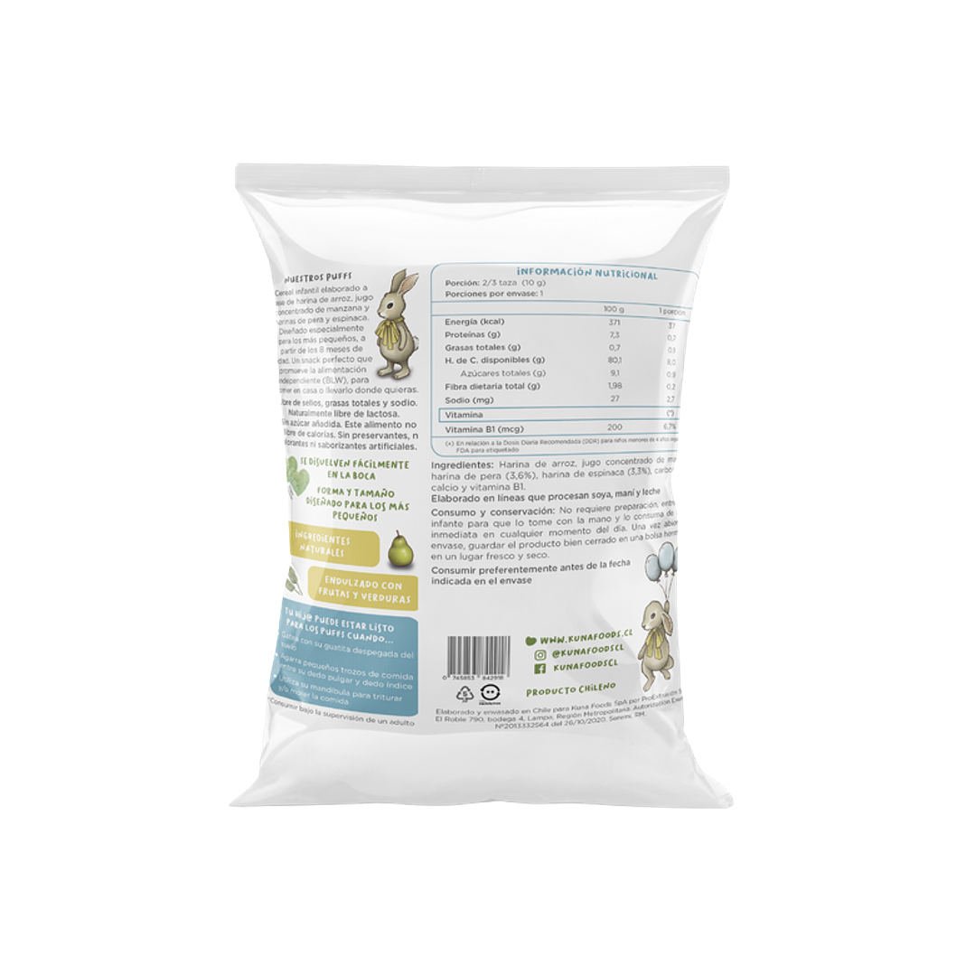 Kuna Foods - Puffs Individual sabor Pera Espinaca 10 g 2