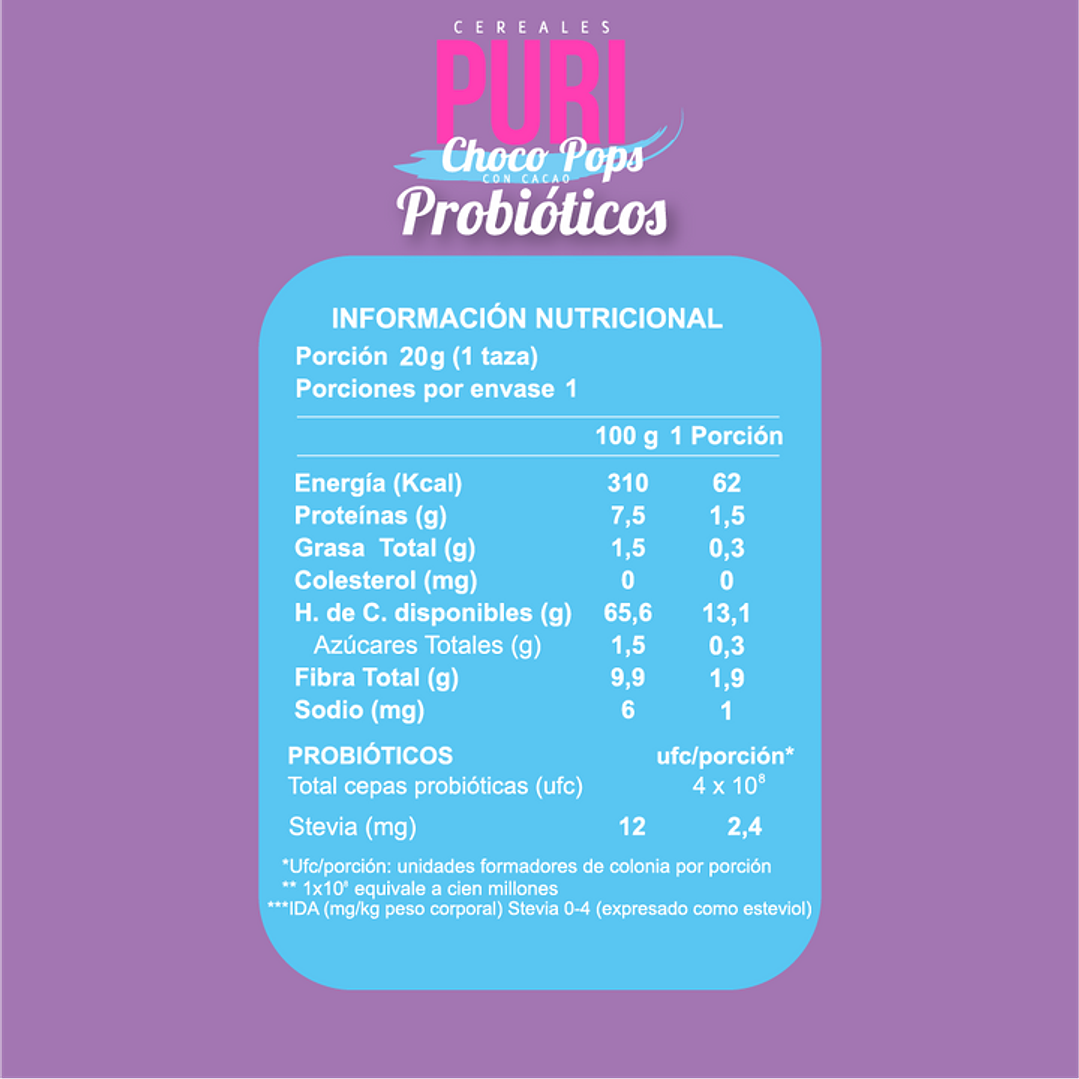 Puri - Cereales Choco Pops con Probióticos Individual 20 g 2