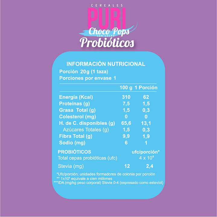 Puri - Cereales Choco Pops con Probióticos Individual 20 g 2