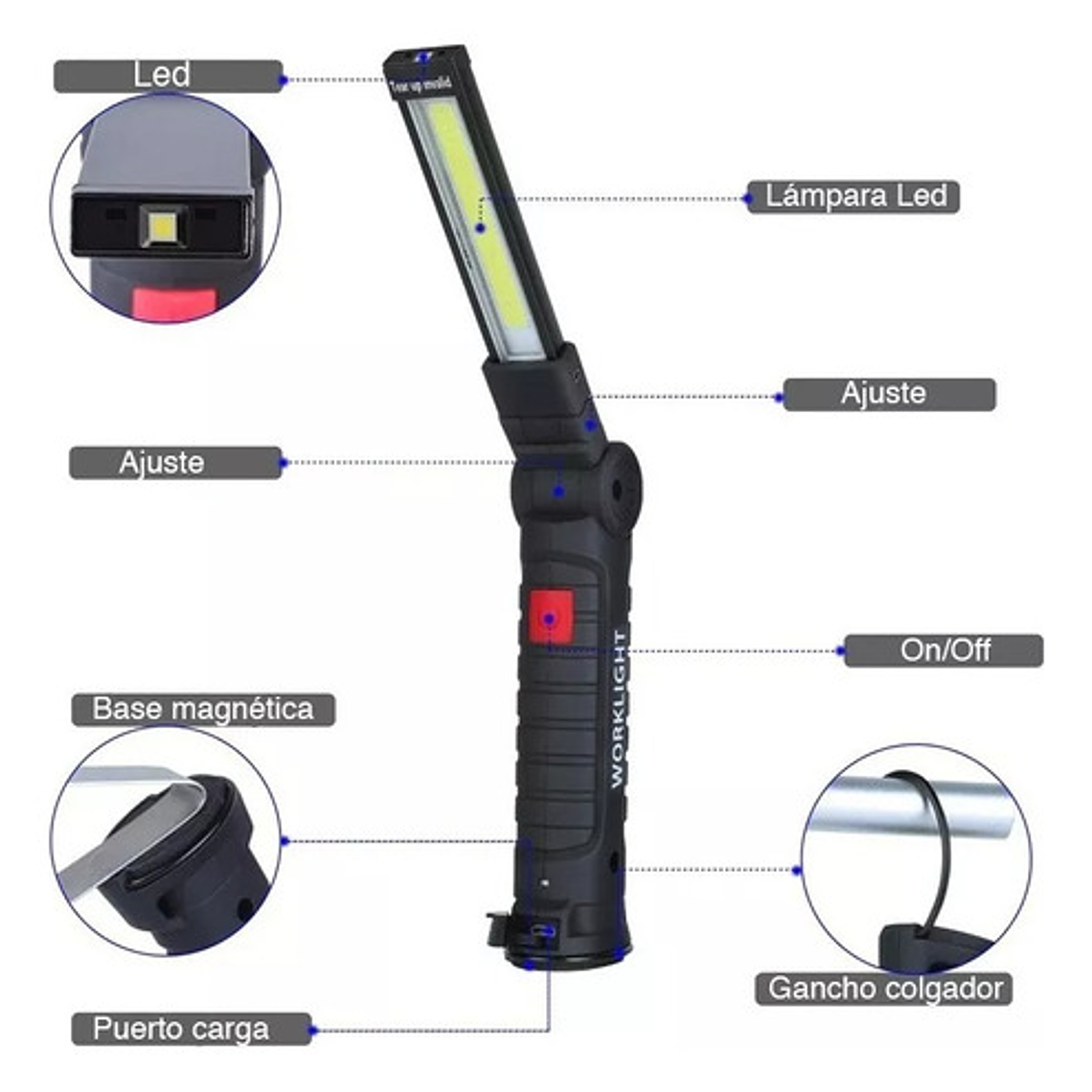 Linterna De Trabajo Led Plegable Recargable Con Imán 4