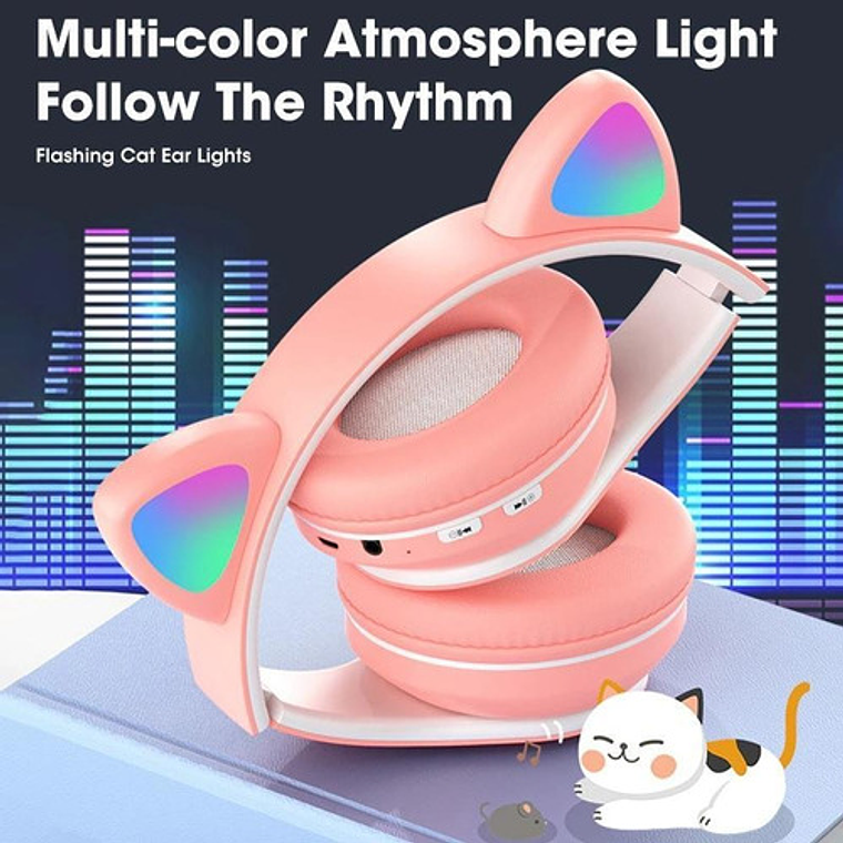 Audífonos Gamer Inalámbricos Cat Stn-28 Rosa Con Luz Led 5
