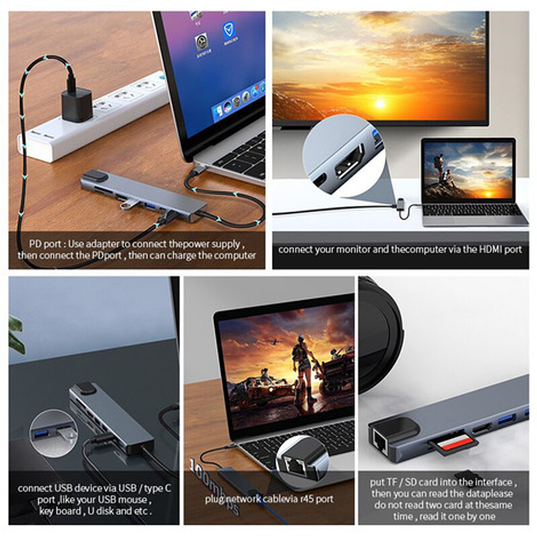 Adaptador Hub Para Macbook Air M1 M2 8 En 1 Usb-c Hdmi 4k 6