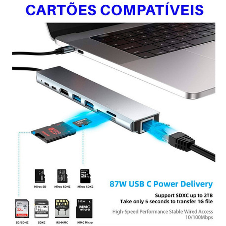 Adaptador Hub Para Macbook Air M1 M2 8 En 1 Usb-c Hdmi 4k 7