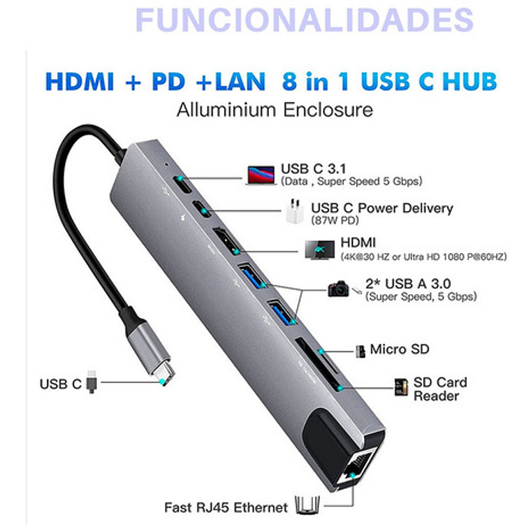 Adaptador Hub Para Macbook Air M1 M2 8 En 1 Usb-c Hdmi 4k 9