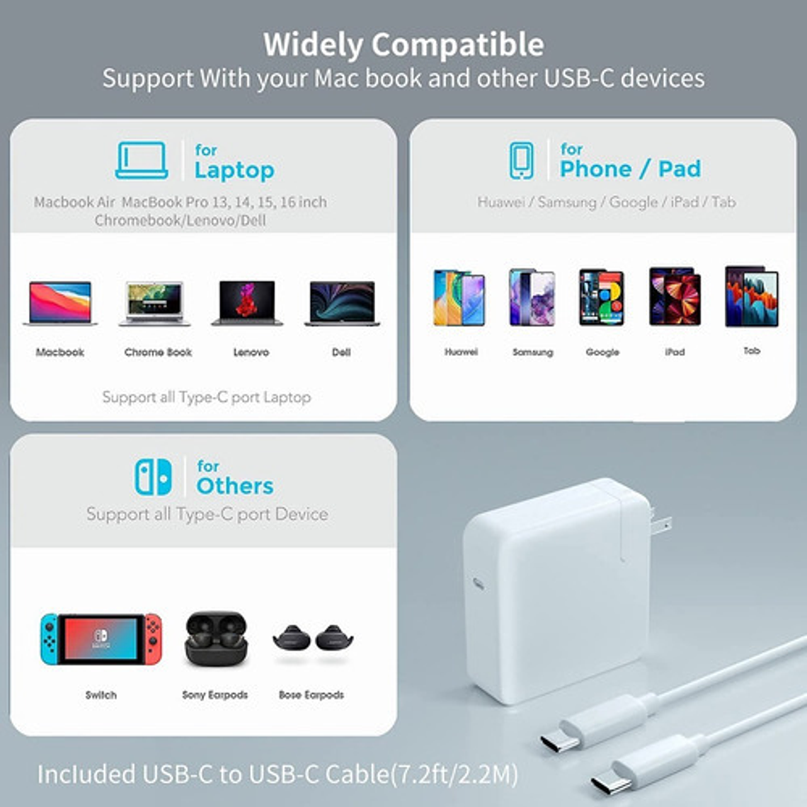 61w Tipo C Macbook Air/pro Cargador Rápido 20.3v 3a 2m Cable 5