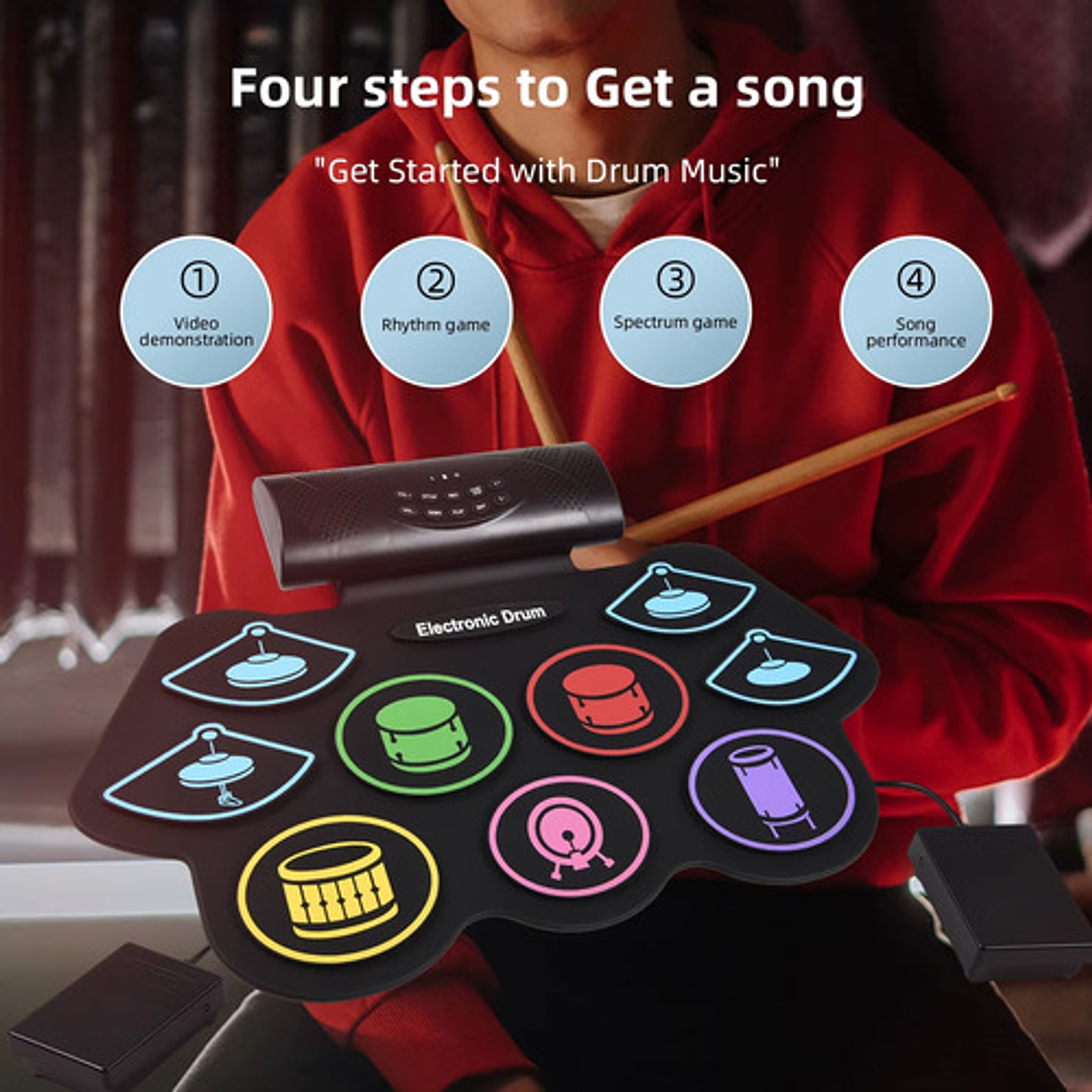 Batería Electrónica Portátil De 9 Pads Parlantes,  Bluetooth 5