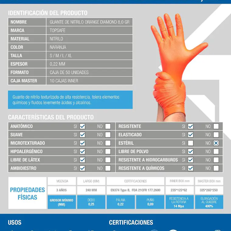 Guante de Nitrilo 8g Top Safe - Naranjo 3
