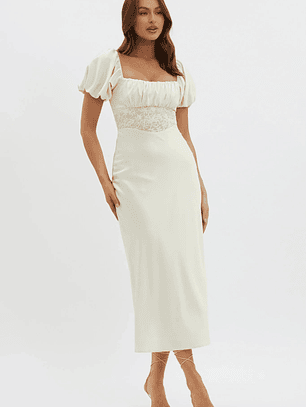 Allianna Puff Sleeve Lace Waist Midi Dress Butter