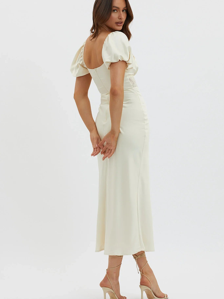 Allianna Puff Sleeve Lace Waist Midi Dress Butter 2