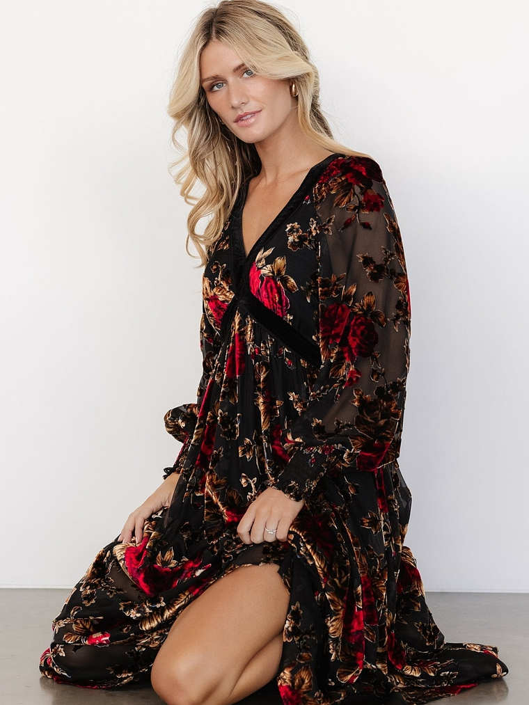 Adele Velvet Dress | Black + Rose Floral 2