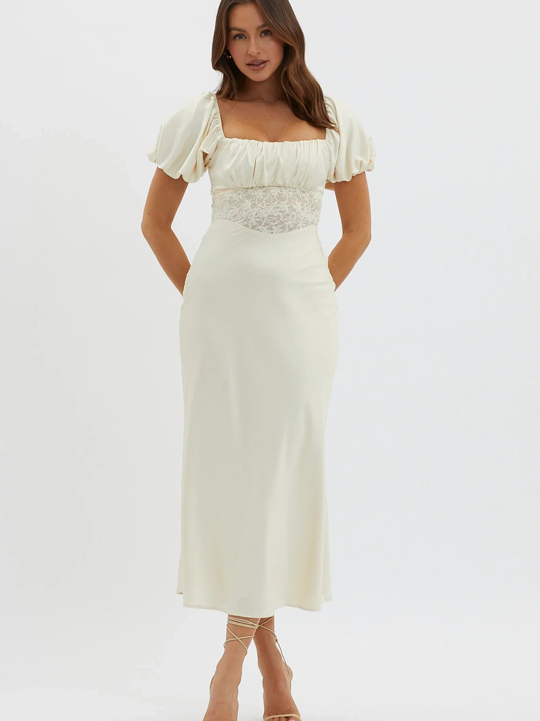 Allianna Puff Sleeve Lace Waist Midi Dress Butter 3