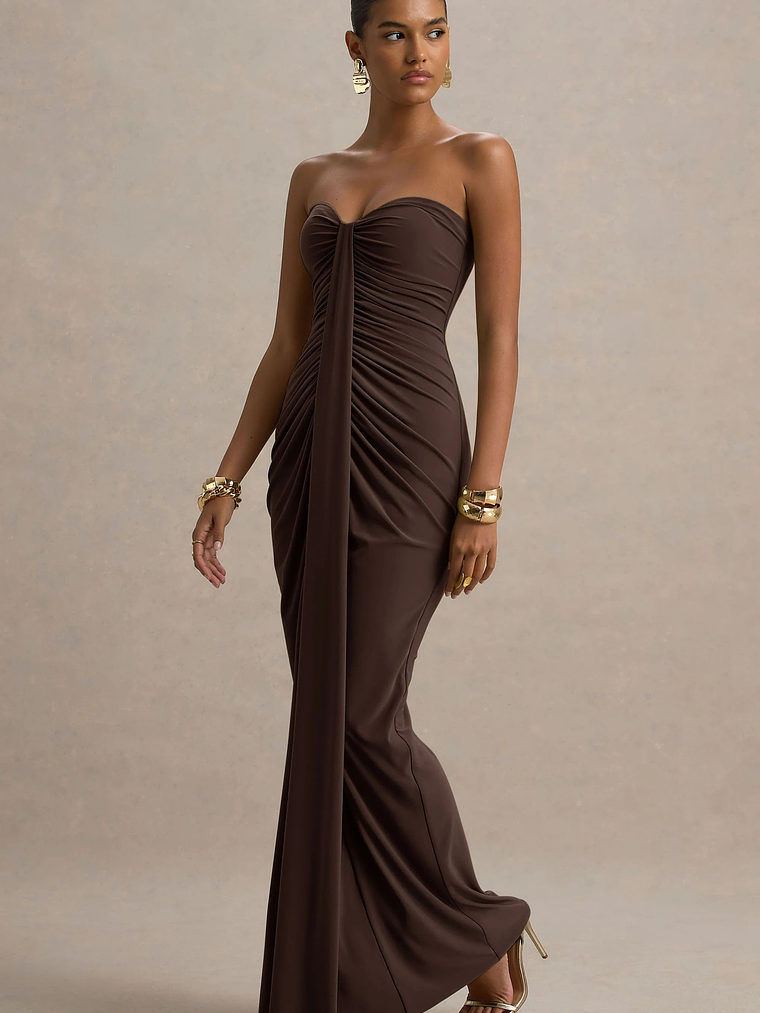 Ali | Brown Sweetheart Ruched Wrap Maxi Dress 4