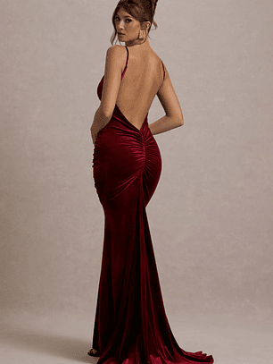 Adele | Berry Velvet Ruched Strappy Fishtail Maxi Dress