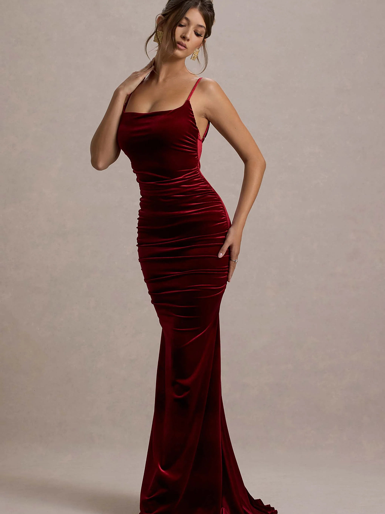 Adele | Berry Velvet Ruched Strappy Fishtail Maxi Dress 2