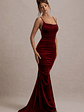 Adele | Berry Velvet Ruched Strappy Fishtail Maxi Dress - thumbnail 4