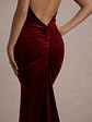 Adele | Berry Velvet Ruched Strappy Fishtail Maxi Dress - thumbnail 6