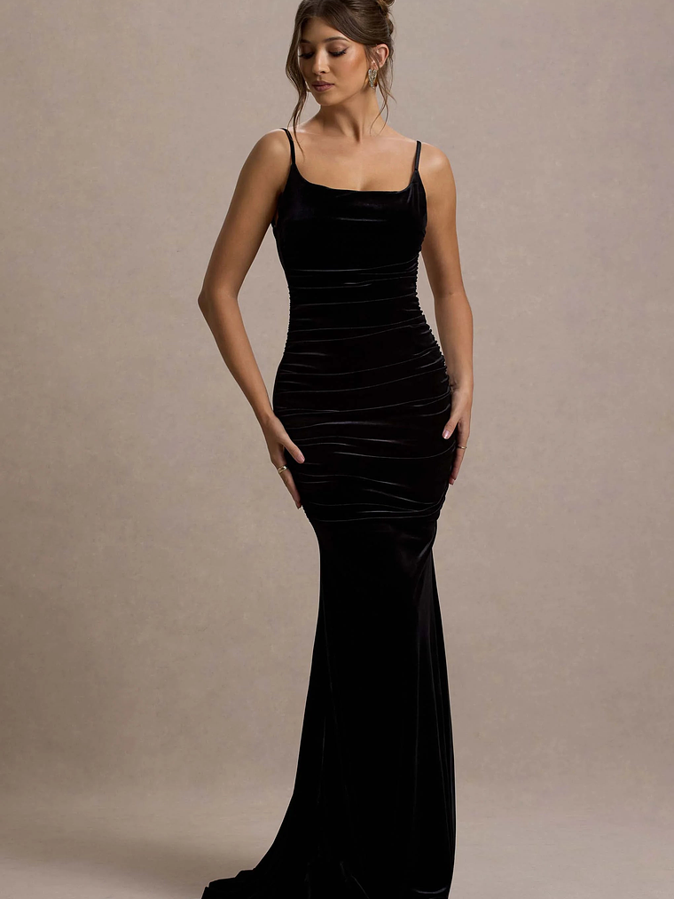 Adele | Black Velvet Ruched Strappy Fishtail Maxi Dress 2