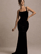 Adele | Black Velvet Ruched Strappy Fishtail Maxi Dress - thumbnail 4