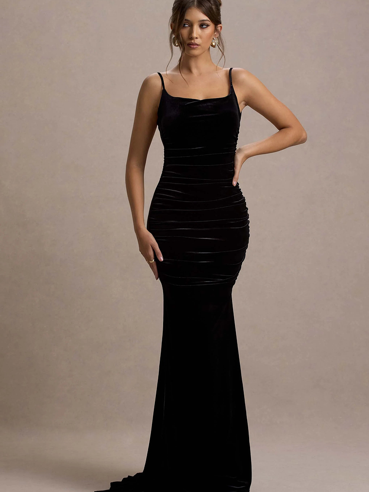 Adele | Black Velvet Ruched Strappy Fishtail Maxi Dress 5