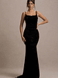 Adele | Black Velvet Ruched Strappy Fishtail Maxi Dress - thumbnail 5