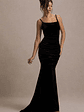 Adele | Black Velvet Ruched Strappy Fishtail Maxi Dress - thumbnail 6
