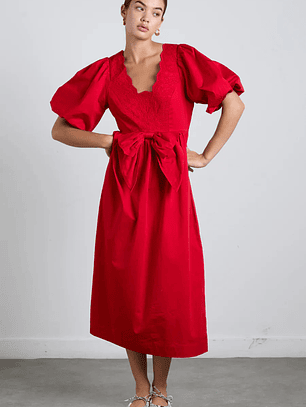 aria bow embroidered midi dress - red
